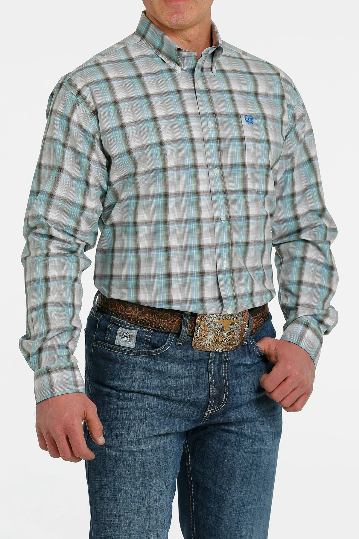 'Cinch' Men's Plaid Classic Fit Button Down - White / Green / Brown 1 'Cinch' Men's Plaid Classic Fit Button Down - White / Green / Brown