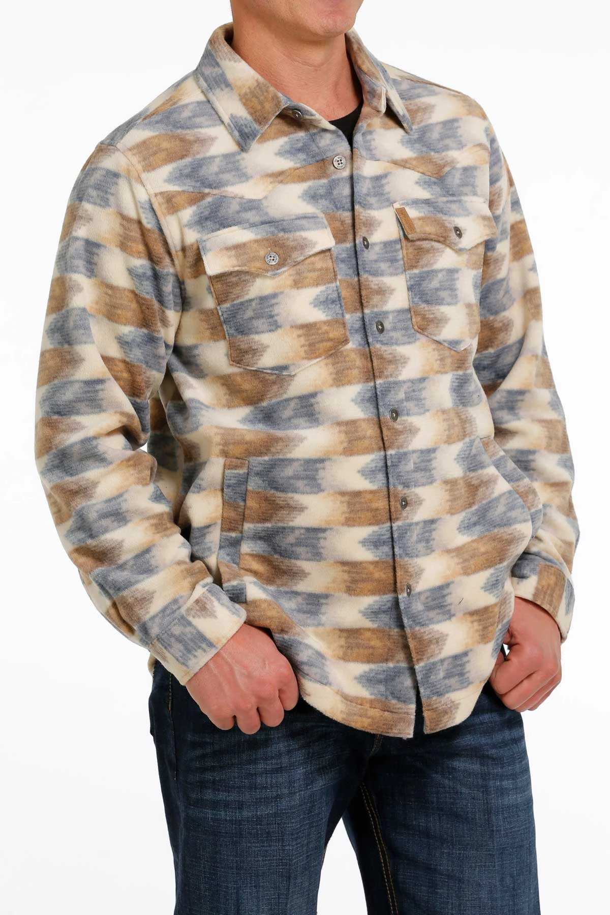 'Cinch' Men's Aztec Print Polar Fleece Shirt Jacket - Cream 1 'Cinch' Men's Aztec Print Polar Fleece Shirt Jacket - Cream