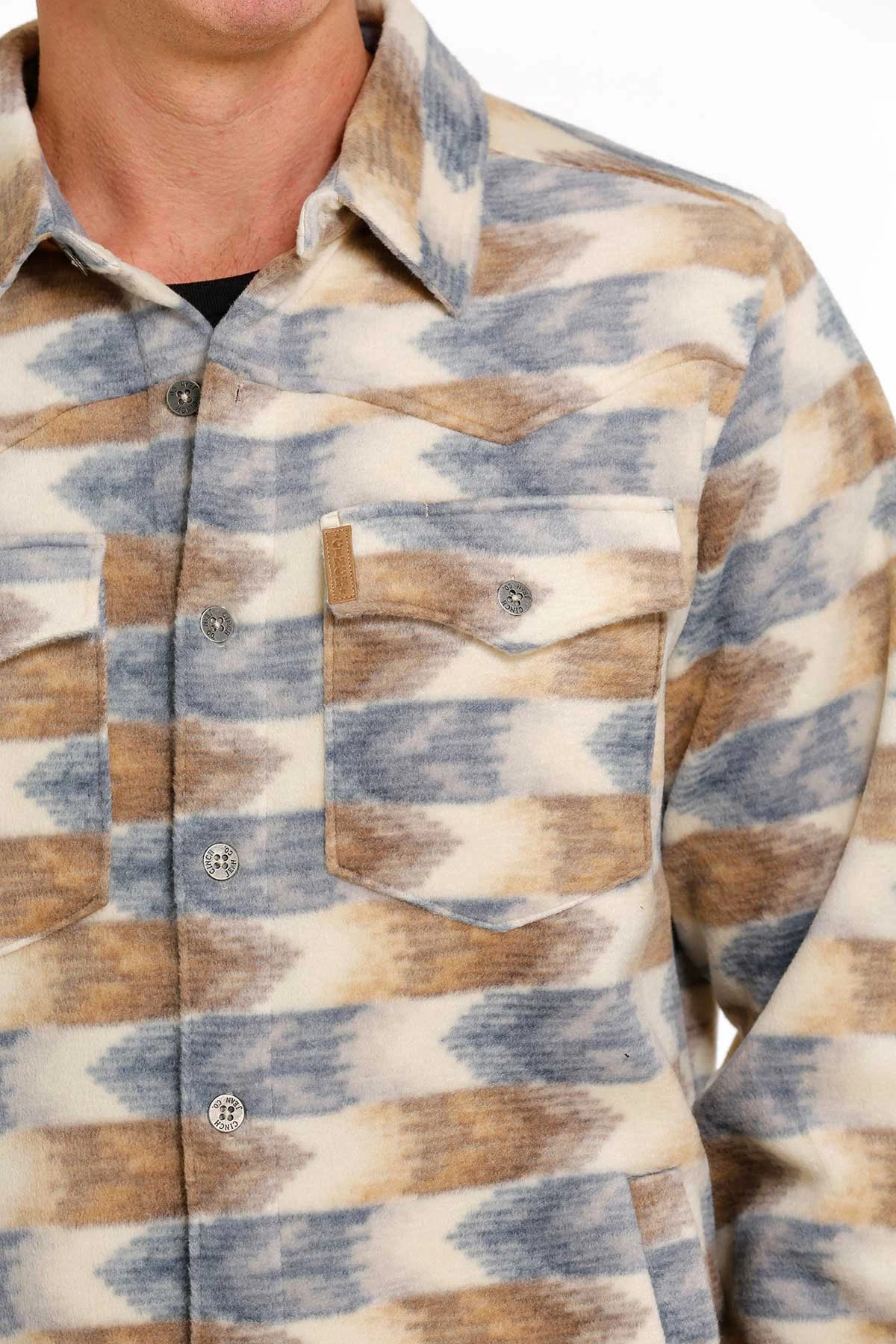 'Cinch' Men's Aztec Print Polar Fleece Shirt Jacket - Cream 2 'Cinch' Men's Aztec Print Polar Fleece Shirt Jacket - Cream - Image 2