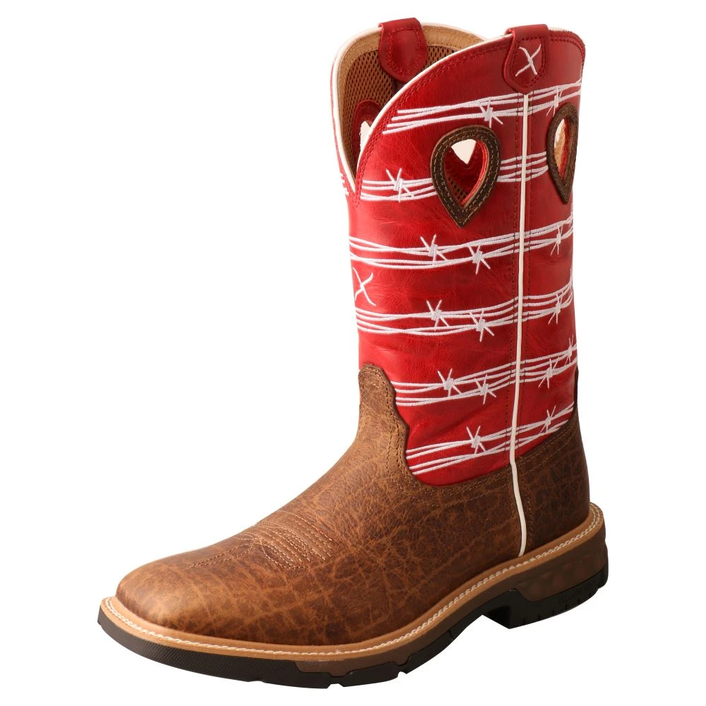 'Twisted X' Men's 12" Western Work Square Toe - Distressed Saddle / Ruby Red 1 'Twisted X' Men's 12" Western Work Square Toe - Distressed Saddle / Ruby Red