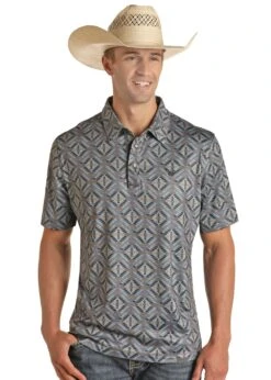 'Panhandle' Men's Performance Aztec Snap Knit Polo - Blue