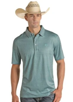 'Panhandle' Men's Performance Geo Button Knit Polo - Turquoise